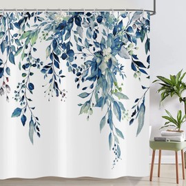 ASDCXZ Leaves Shower Curtain 180 x 200 cm, Spring Simplicity Hand Painted Blue Leaves White Bathroom Washable Shower Curtains Polyester Textile Waterproof Bath Curtain for Bath with 12 Hooks