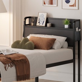 Maenizi 16 Inch Twin Bed Frames with Headboard, Twin Metal Bed Frame Storage Wood Headboard No Box Spring Needed, Noise Free, Black