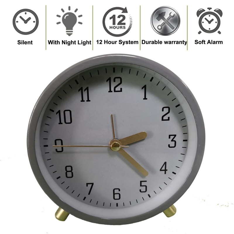 SHISEDECO Alarm Clock with Backlight, 4.5 inches Bedside Analog Non-Ticking