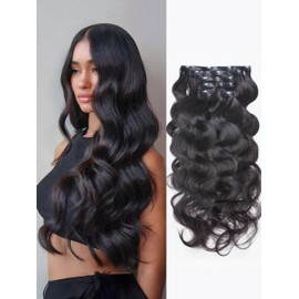 LUVME Invisible Clip in Hair Extensions Body Wave Real Human Hair, Remy Human Hair Extensions Clip ins for Women, Natural Human Hair, 16 inch 110g 7Pcs, Natural Black