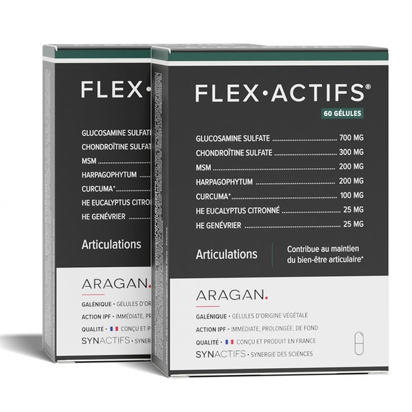 ARAGAN - Synactifs Lot de 2 Flexactifs - Complément Alimentaire Bien-Etre Articulaire - Glucosamine, Harpagophytum, Curcuma, Eucalyptus et Zinc - 120 gélules - 2 mois prise - Fabriqué en France
