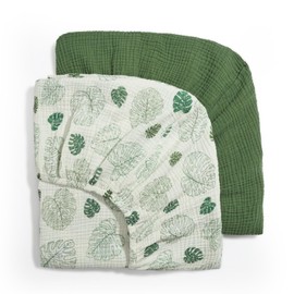 Blissful Diary Muslin Crib Sheets for Girl Boy, Boho Neutral Soft Cotton Baby Sheet for 52''x28'' Standard Crib Mattress, 2 Pack(Monstera&Dark Green)
