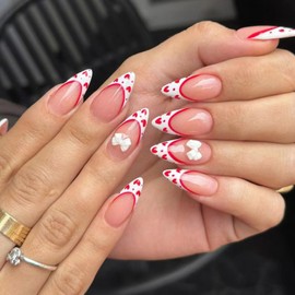 Valentine's Day Press on Nails Medium Almond Fake Nails White French Tip Nails Press ons Glossy Glue on Nails Cute Acrylic Nails with Heart Bow Designs Nude Valentines Stick on Nails for Women 24Pcs