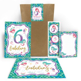 Junaversum 12 Invitations for 6th Children's Birthday Girls Mermaid Invitations with 12 Envelopes, 12 Bags / Natural, 12 Stickers, 12 Bookmarks, 12 Notepads
