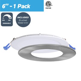 Nadair SL6-1125-WH4KBN 6" Ic Rated Dimmable Ultra Recessed Junction Box, 15W, 1125 Lumens, 4000K Cool, White & Brushed Finish LED Slim Panel Light, Round, White and Brushed Nickel