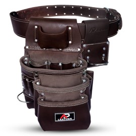 Ap Leather Pro-015 Leather Tool pouch For Construction,Heavy Duty Hammer Holder,Buckle,3 Pocket Large with Belt, 12 small Pocket, Tool Organizer (Chocolate)