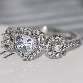 Jude Jewelers White Gold Plated Three Stone Heart Shaped Wedding Engagement Promise Statement Anniversary Ring (Silver, 6)