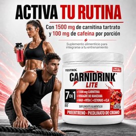 Pre Entreno en Polvo con L-Carnitina TESTROL Carnidrink Lite 7 en 1, 1500 mg de Carnitina Tartrato y 100 mg de Cafena, 0 Azcar, 80 Porciones, Sabor...