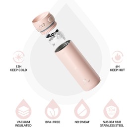 IDEUS Insulated Stainless Steel Water Bottle 17 oz Push Button Lid & Leakproof Travel Mug for Hot/Cold Beverages Fits Most Cup Holder (Light Pink)