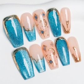 Sun&Beam Nails Handmade Nail Tip, Medium, Long, Ballerina, False Claws, Blue, Gold, Cat Eye, Popular, Stylish, Cute, False Nails, Pack of 10 (#82 L)
