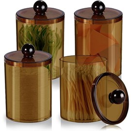 4 Pack Qtip Holder, Storage Jar Cotton Ball Holder Dispenser, Bathroom Jar with Lid Set for Round Q-tips, Cotton Swabs, 10 oz Plastic Jar Bathroom Bedroom Dresser Storage Box Black - Color: brown