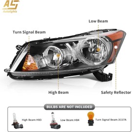 TopAutoGear for 2008 2009 2010 2011 2012 Honda Accord Headlight Assembly 4dr Sedan Clear Lens Black Housing with Amber Reflector Headlamp Replacement Left and Right Pair