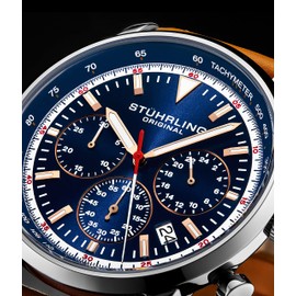 Stuhrling Original Stuhrling Original Chronograph Watch Men's Watches 44mm Steel Case Blue Dial with Leather Strap Tachymeter 24-Hour Subdial, Blue-Tan, Chronograph