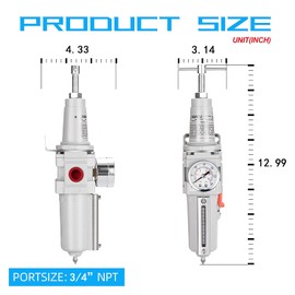 NANPU 3/4" NPT High Pressure Air Filter/Regulator Combo, T-Handle, Semi-Auto Drain, 0-300 Gauge, Metal Bowl