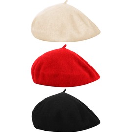 3 Pieces Beret Hat French Style Beanie Cap Solid Color Winter Hat for Women and Girls Casual Use (Black, Beige, Red)