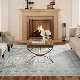 Syalife Washable Rugs, Area Rugs 9x12 Living Room with Non Slip Backing, 9'x 12' Rugs Distressed Indoor Carpet Non-Shedding Low Pile Rugs for Bedroom, Dining Room, Office (Tan, 9'x 12')