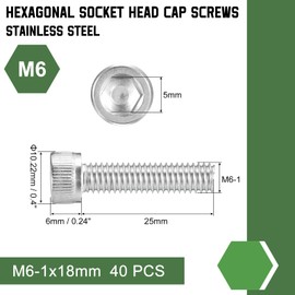 uxcell Hex Socket Bolts (M6-1x25), 304 Stainless Steel Hex Socket Drive Screw, Silver Tone, 40 Pcs