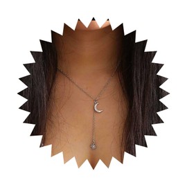 Allereya Boho Crystal Star Y Lariat Necklace Gold Star Y Necklace CZ Moon Choker Necklace Rhinestone Moon Necklace Long Star Drop Necklace Jewellery for Women, Zinc