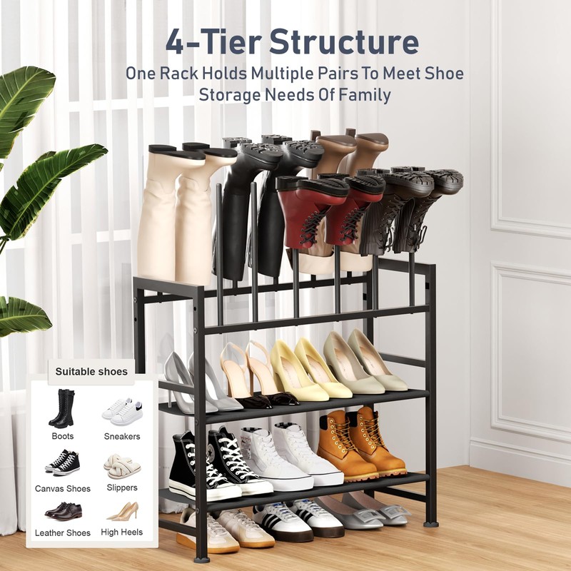DIMJ Boot Rack 4-Tier - Black Metal Boot Storage Rack