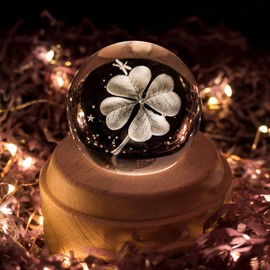 FSIGOM Projection LED Light-3D Crystal Ball Music Box Luminous Rotating Musical Box-Wood Base Best Gift for 【Mother's Day Gift】 Birthday Christmas (Four-Leaf Clover)
