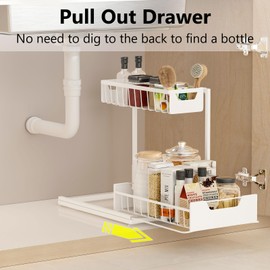 Ceetug Under Kitchen Sink Organizer 2 Tier Pull Out Metal Under Cabinet Storage for Bathroom (White, 1 Pack)