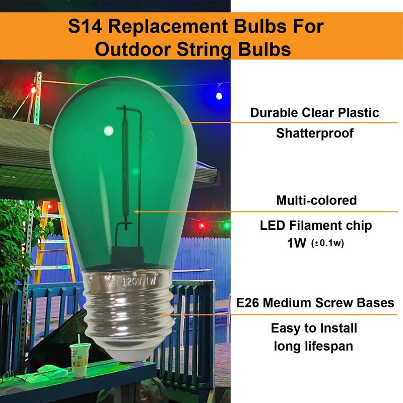 abulber S14 Led Bulbs for Outdoor String Lights,Shatterproof Waterproof Plastic