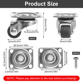 Pack of 10 Small Furniture Castors, Swivel Castors, 12 mm 360 Degree Swivel Castors Set, Heavy Duty Castors Set, Furniture Castors, Quiet Swivel Castors, Transport Castors with Screws for Mini