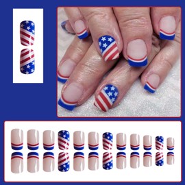 Press on Nails Square Short Independence Day 24Pcs Glossy Full Cover Artificial Patriotic Square French Fake Nails with USA Flag Design Glue on Fingernails Acrylic July 4th False Nails for Women Girls