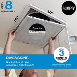 Simply 10x10x1 Air Filter, Merv 8, MPR 600, 6 Pack, Furnace Air Filter for HVAC (Actual Size: 9.75"x9.75"x0.75") DUST, Pet, & Allergy Control