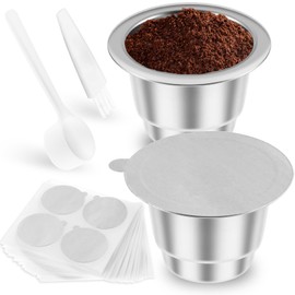 Reusable Coffee Capsules Set with Aluminum Foil Lids Spoon and Brush Stainless Steel Refillable Coffee Pods Compatible for Various Coffee Machines(Package B)