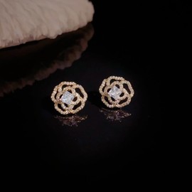 YDSURE Women's Zircon Pink Gold Earrings, Simple Design, Dangling Metallic Allergies, Ring, 18K Gold, Sparkling, 925 Silver, Diamond, Metal Allergy-friendly Pearl, Simple Pearl