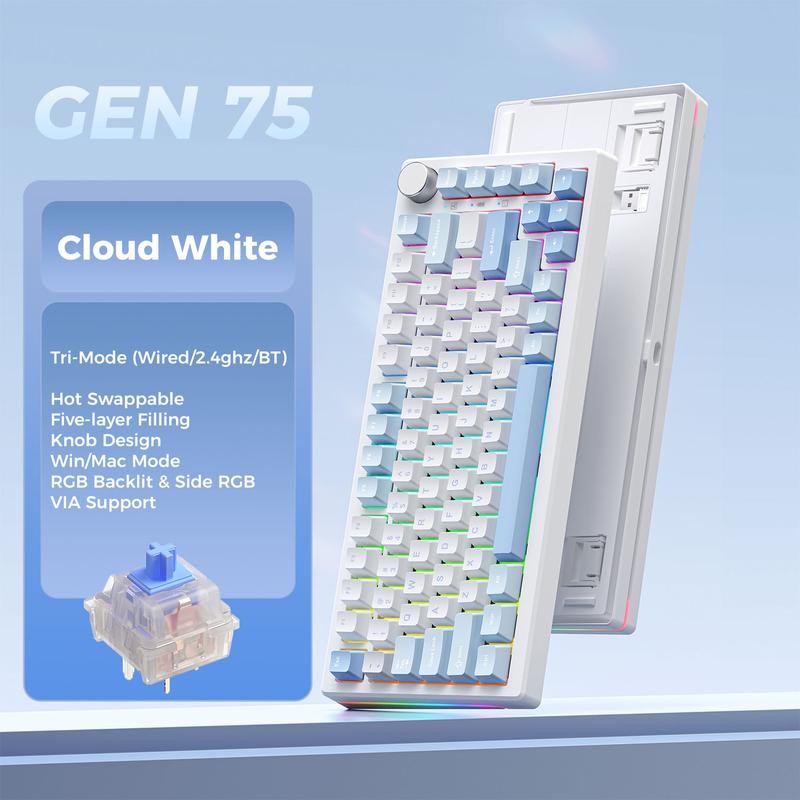 ElecFox GEN75 Wireless Gaming Mechanical Keyboard with Metal Knob Control,