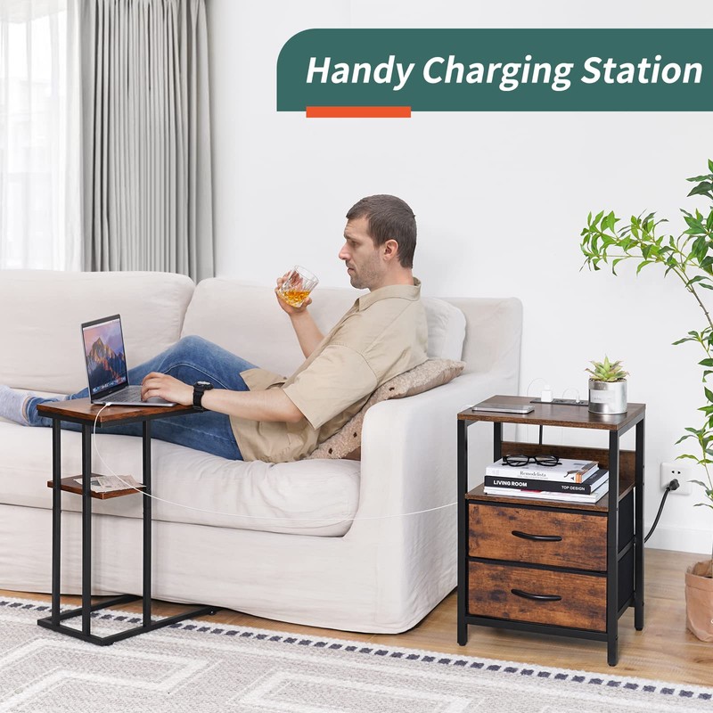 Yoobure Nightstand with Charging Station, Small Night Stand with Fabric
