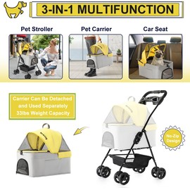 LPOTIUS 3 in 1 Pet Stroller for Small Dogs and Cats, Folding Lightweight Dog Stroller with Detachable Carrier & Storage Basket, Portable Cat Puppy Jogging Stroller with Cup Holder, 4 Wheels