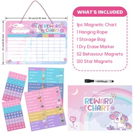 Magnetic Reward Chart for Kids, Behaviour Charts for Children with 52 Behaviour Stickers, 120 Star Stickers for Good Habits, Routine, Potty Training (Unicorn)