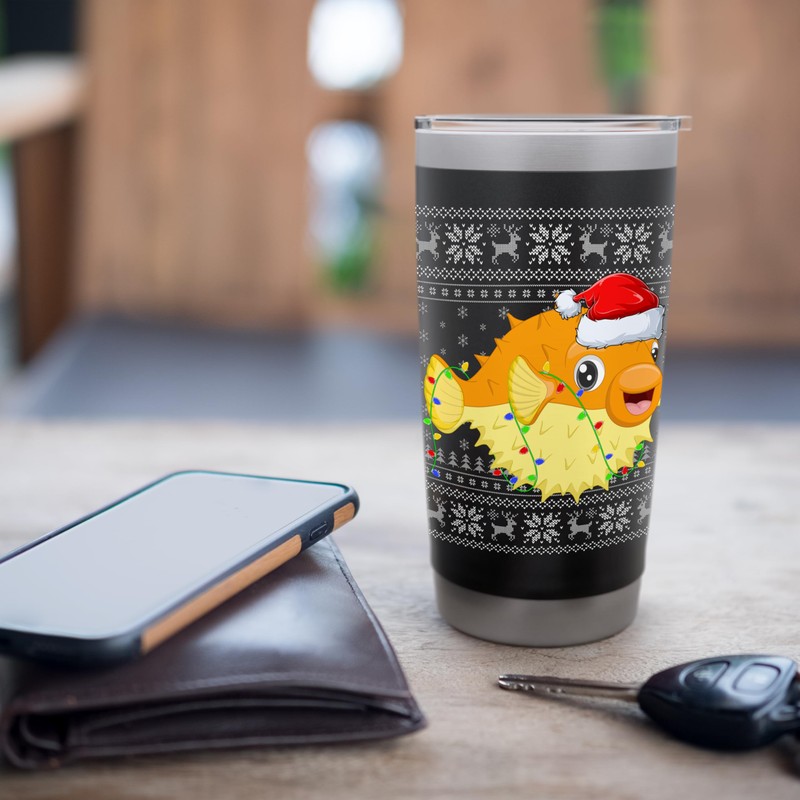 Ugly Sweater Xmas Lights Santa Hat Puffer Fish Christmas Stainless