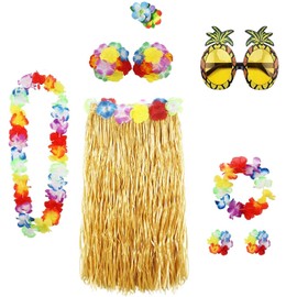 Hawaiian Garlands Hula Skirt Costume Accessory Kit Hula Grass Skirt Lei Flower Lei Luau Garland Pineapple Glasses Necklace Costume Fancy Dress for Women Novelty Luau Skirts Party - 8PCS