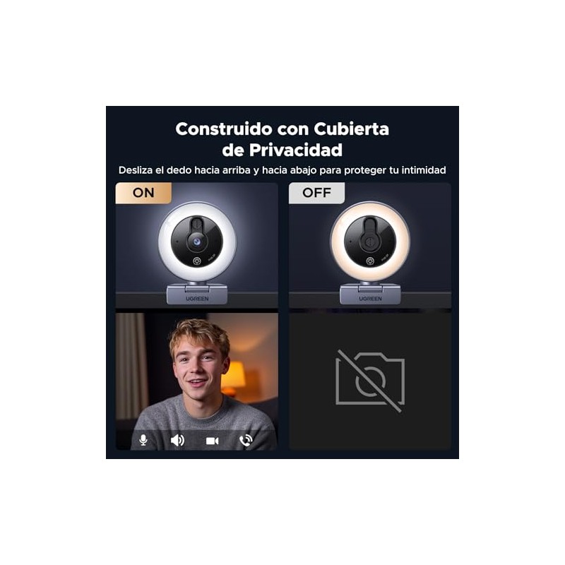 UGREEN Webcam 2K 30FPS con Luz LED 4 Niveles Fijo