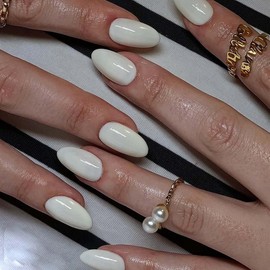 White Press on Nails Almond Fake Nails Short Almond False Nails Press ons with Designs Acrylic Nails Full Cover Glossy Glue on Nails Artificial Stick on Nails for Women Nails Decorations 24 Pcs