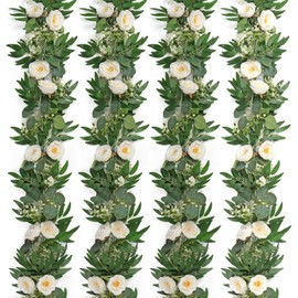MEIVINES Artificial White Garland 4PCS 6.5FT Artificial Eucalyptus Flower Garland With White Roses Flower Garland Decoration Silk Floral Garland For Wedding Table Home Arch Decoration