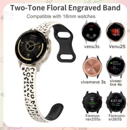 CUNUJIX Leopard Engraved Slim Silicone Watch Bands Compatible with Garmin Venu 3s/Vivoactive 4s/ Venu 2s/ Vivomove 3s /Forerunner 255S/265S, 18mm Cute Thin Soft Strap Wristband for Women Men