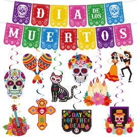 Mexican Dia De Los Muertos Decor Ofrenda Altar Decor Dia De Los Muertos Colorful Papel Picado Hanging Banner Sugar Skull Marigold Day of the Dead Hanging Swirl Decorations for Mexican Party Home Decor