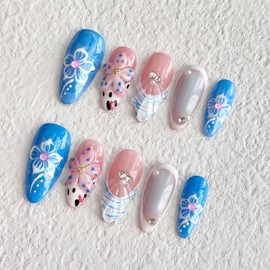 10PCS Handmade Press on Nails Medium Length Almond Fake Nails Full Cover Blue with Pearl Rhinestones designs Gel Stick on Nails French Tip Unique 3d Flower False Nails (S Size)