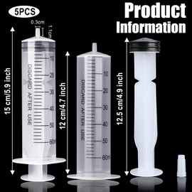 5 Pack 60ml Syringe, Plastic Syringe with Cap Disposable Feeding Syringe Sterile Package Measuring Syringe for Scientific Labs Measuring Watering Feeding Pets, Oil or Glue Applicator
