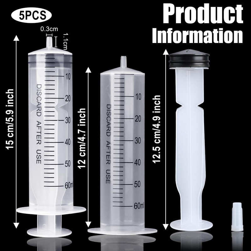 5 Pack 60ml Syringe, Plastic Syringe with Cap Disposable Feeding