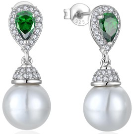 BELRYO Women's Pearl Wedding Earrings 925 Sterling Silver Mother of Pearl Dangle Earrings with Cubic Zirconia Teardrop Bridal Earrings Jewelry for Women May Birthstone Emerald Color