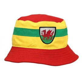 Wales Bucket Hat - Traditional Welsh Dragon Red Yellow Green Heavy Duty Sun Hat - (Cotton, Unisex Design Football & Rugby Support) (Cotton Blend, Small Green Stripe)