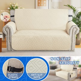 XINEAGE 100% Waterproof Loveseat Couch Cover for Pets Non Slip Sofa Cover Washable Sofa Slipcovers for 2 Cushion Couch Furniture Protector with Elastic Straps for Kids Dogs (Loveseat 49", Beige)