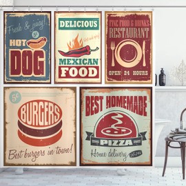 Ambesonne Cortina de ducha retro, letreros nostálgicos de estaño, impresiones de comida mexicana, diseño de logotipo de publicidad envejecida, tela de tela para decoración de baño con ganchos, 69 pulgadas de ancho x 70 pulgadas de largo, blanco burdeos m