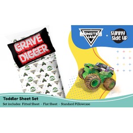 Sunny Side Up Monster Jam Grave Digger Toddler Sheet Set - 3 Piece Toddler Bedding Set Includes Pillow Cover - Super Soft Microfiber Sheets